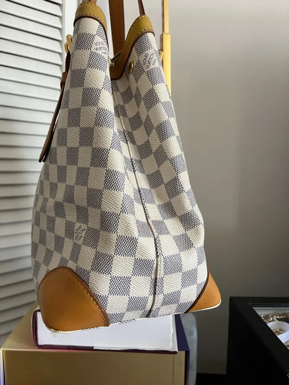 Damier Azur Hamptead MM leather Tote with Tan Leather Trims - Picture 9 of 15